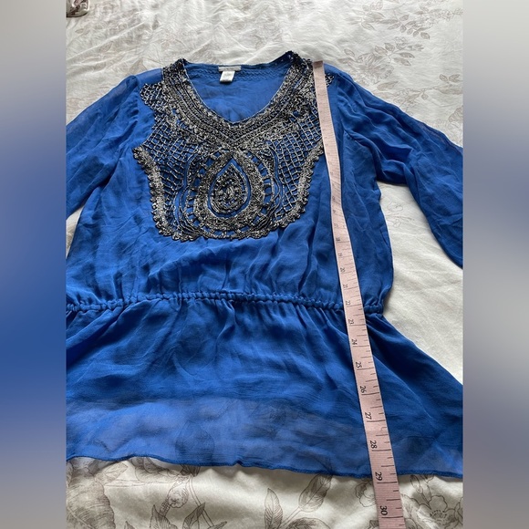 Cache Y2K Blue Beaded Drop Waist Tunic Top Large Gauzy Boho Office Fairycore - Picture 5 of 7